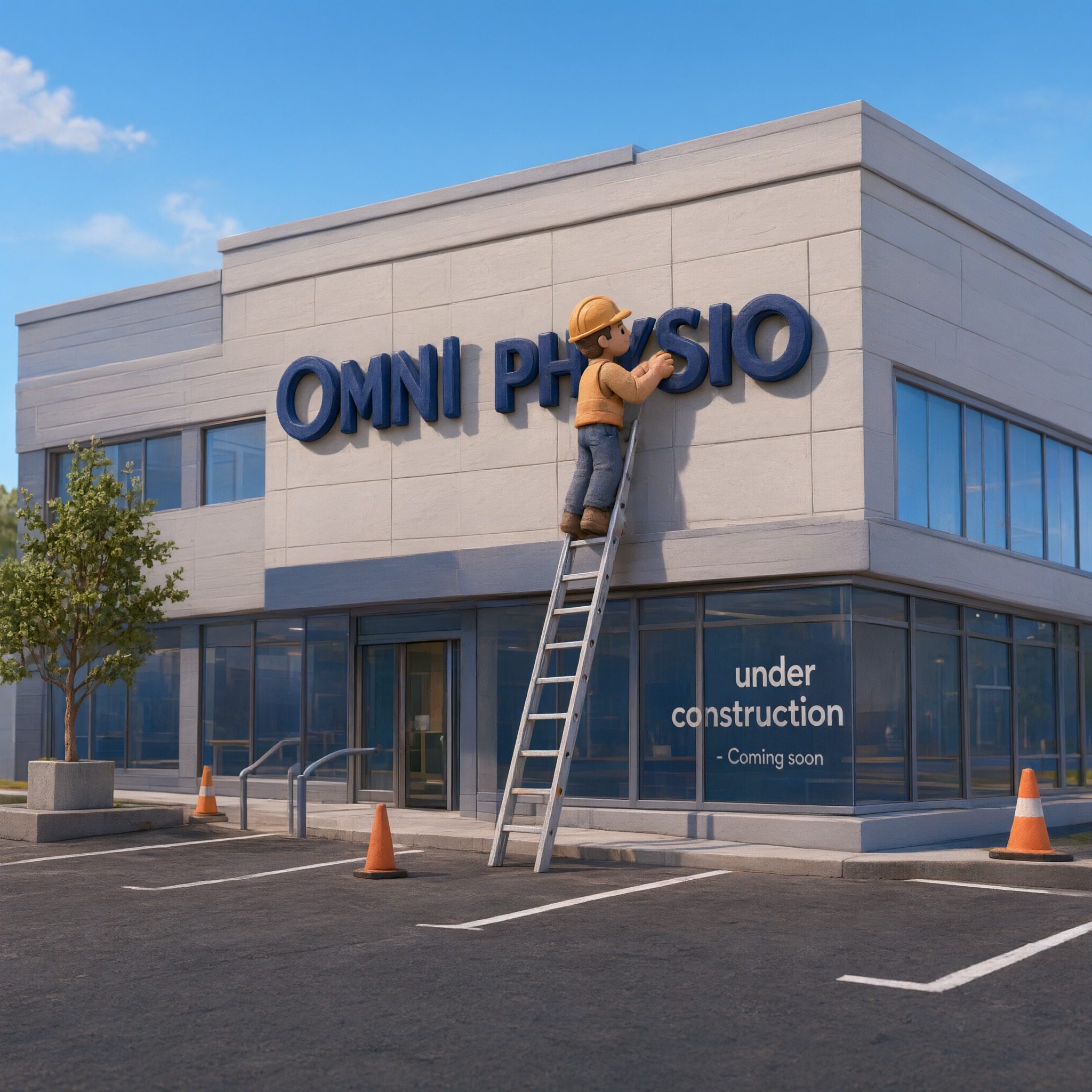Temporary illustrated preview of the Omni Physio exterior, marked under construction and coming soon